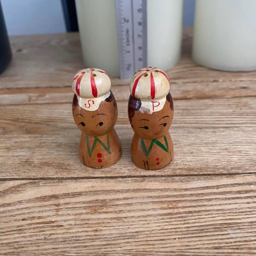 Set of 2 Vintage Mini Salty and Peppy Wooden Salt and Pepper Shakers Miniature